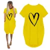 여성 캐주얼 느슨한 Drwith 포켓 패션 오 넥 짧은 소매 사랑 인쇄 긴 탑스 여성 거리 플러스 사이즈 5XL 티셔츠 드레스 X0529