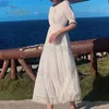 Abito da spiaggia estivo a tunica lunga in pizzo bianco da donna Boho estivo maxi manica corta in cotone 210415