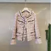 Vintage Pink Plaid Weave Tweed Women Flare Long Sleeve Pearls Patchwork Ruffles Wool Jacket Coat Elegant Slim Outwear 210416