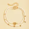 Hänge Halsband Minar Bohemia Imitation Pearl Necklace For Women Dubbellager Guld Färg Paljetter Beading Toggle Spänne Circle Choker