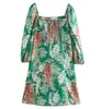 Holiday Green Tropical style Leaves Print Long Sleeve Dress Retro Elegant Women Square Collar A line Short Dresses Vestido 210429