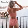 SEASELFIE Bikini sexy a quadretti rossi con punto smock Costumi da bagno Costumi da bagno donna Costume da bagno 2021 Bikini a fascia a vita alta Costumi da bagno 210319