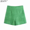 Femmes Mode Couleur Vert Tweed Laine Bermuda Shorts Jupes Lady Side Zipper Chic Casual Slim Pantalone Cortos P1024 210420