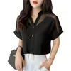 Summer Style Shortsleeved Top Women Fashion Solid Color Mesh Vneck Women Shirts Pullover Chiffon Women Blus 9632 210401