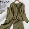 Korobov Frauen Winter Gestrickte 2 Stück Sets Koreanische Mit Kapuze V-ausschnitt Sweatshirts und Breite Bein Hosen Weibliche Anzüge 210430