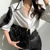 Fashion Satin Silk Women Shirts Office Lady Button White Long Sleeve Female Clothing Turn Down Collar Blouse Women 12724 210528