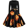 Robe Vintage Femmes Halloween À Manches Longues O-Cou Big Swing Party Imprimé Bow Robe Robes 210422