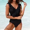 Ruffle Bodysuit Women Swimsuit Plunge Neck One Piece Black Swimwear For Girl Brazilian Bath Suits Plus Size Beach Wear 2021