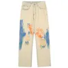 Men's Jeans Casual Hip Hop Hole Ripped Denim Pants Hit Color Graffiti Men Unisex Zipper Pocket Washed Distressed