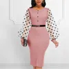 Pink Dress O Neck Transparent Mesh Long Sleeves Polka Dot Classy Women Elastic Elegant Office Lady Modest Female African Fashion 210329