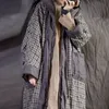 Johnature Höst Vinter Retro Patchwork Plaid Hooded Warm Lace Up Parkas Bekväm plusstorlek Kvinnor Lång kappa 210521