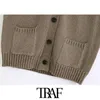 Trafik Kvinnor Mode med fickor Ribbed Trims Stickad Waistcoat Vintage V Neck Button-Up Kvinna Vest Sweater Chic Toppar 210415