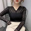 Fashion Spring See Through Top Women Sexy Shirt Lace Hollow Out Solid V-Neck Balck Långärmad Toppar 7908 50 210415