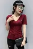 Koreansk stil Kvinnor Lace Blouse Tshirt Sommar Elegant Kortärmad V-Neck SHIRT Kvinna See-Through Toppar 210507