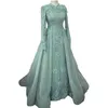 2022 Turquoise Muslim A Line Prom Dresses with Long Sleeves Appliques Lace Evening Party Gowns Dubai Arabic Special Occasion Formal Dress Plus Size