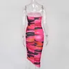 아시아 메쉬 미디 드레스 여성 Strapless 슬림 맞는 Bodycon Ruched 파티 드레스 여름 세련된 기하학적 인쇄 섹시한 드레스 210730