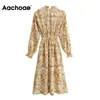 Print Elegant Midi Autumn Spring Butterfly Long Sleeve Casual A Line Elastic Waist Vintage Dress Sundress 210413