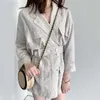 [EAM] coupe ample lin bouton fendu Joint grande taille veste revers à manches longues femmes manteau mode printemps 1X5010 210914