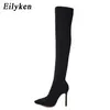 Fet33 Factory_Store01 2021 Moda Stretch Tkaniny Skarpety Buty Spiczaste Toe Over-The-Knee Heel Uda High Spioste Toe Woman Sound Rozmiar 35-42