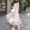 beige polka dot o neck long sleeve mesh a line midi dress autumn D0690 210514