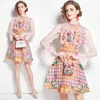 Sommar Sweet Ruffles Lace Patchwork Pink Jacquard Women Flare Sleeve Stand Collar Bow Ribbon Flower Print Mini Dress 210416