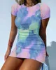 Vestido de mujer elegante de manga corta con cordón de algodón fruncido Sexy para mujer fiesta Tie Dye flaco ropa de verano femenina 210522