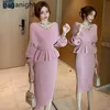 Elegante vrouwen twee stukken set gebreide mode ruche bijgesneden trui lange hoge taille rok solide 2 pakken 210601