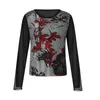 T-shirt das mulheres Senhoras Harajuku Impressão floral retro camisetas Grupo de tripulação Neck Malha de retalhos Lonhg MidmRiff-Baring Tops Slim Base Pullovers Wo