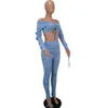 Bonnie Forest New Chic Runched Pant Set Two Pieces Womens Sexy Off Shoulder Pleated Crop Top And Matching Set Bandage Tracksuit Y0625