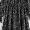 Vintage Elegant Bow Tie Collar Print Dress Women Long Sleeve Ruffle Midi Elastic Waist Chic Casual Black es 210515