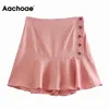 Aachoae Zomer Mode Roze Kleur Rok Shorts Vrouwen Solid Chic Knop Vrouwelijke Ruches Dame Strand Korte Ropa Mujer 210413