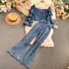 Slim set vintage oversize oversize blu o collo arruffato denim blusa camicetta con cerniera crop top in vita flare pantaloni jeans moda primavera vestiti 210610