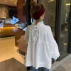 春の夏の長袖バンドの弓白カジュアルシャツ韓国ピーターパンカラープラスサイズの女性のブラウストップス210510
