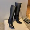 Botas de rodilla de tacón súper alto de cuero genuino Zapatos de mujer Punta puntiaguda Tacones de aguja Zip Moda Largo Beige 43 210517