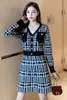 Outono mulheres houndstooth vestido de malha vintage manga comprida v-pescoço túnica mini a linha vestidos coreano Vestido de festa 210513
