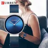 CURREN 9016 Fashion Blue Ladies Watches Mesh Stainless Steel Quartz Watch Women Luxury Simple Wristwatches Analog Lady Clock 210616