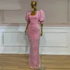 Glitter Pink Sequined Sheath Evening Dresses Floor Length Square Neck Short Sleeve Bling Prom Dresses Long Elegant Celebrity Party Gowns For Women Girl 2022