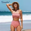 Seaselfie Sexy Vermelho Gingão Smocked Bikinis Set Swimwear Mulheres Swimsuits Banhando Terno Bandeau Alta-cintura Bikini Beachwear 210702