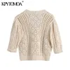 Damesmode Holle uitgezette Gebreide Cardigan Sweater Vintage V-hals Korte Mouw Vrouwelijke Bovenkleding Chic Tops 210416
