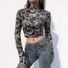 Goth Dragon Drukuj Y2K Femme Turtleneck Damski Koszulki Odzież Gotycka Estetyczna Crop Top Harajuku Skinny Z Długim Rękawem Tee 210623