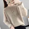 Girl Mesh Long Sleeve Knitted Sweater Female O-neck Loose Lazy Stitching Lantern Lace Bottoming Jumper Spring 210427