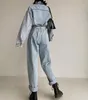 Chic Primavera Safari Denim Cool Mulheres Jumpsuits Fividores Fividões Sashes Manga Longa Bodysuits Calças Jeans Playsuits 210429