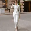 Pantaloni da completo da donna casual di alta qualità Set da due pezzi estivo elegante da donna giacca blazer bianco abbigliamento da lavoro 210709