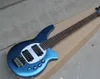 5 Strings 24 Frets Metallic Blue Electric Bass Guitar with Active Pickups,Moon Inlay,Can be customized