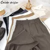 Vintage Cintura Alta Calças Mulher Café Elegante Loose Reta perna Pant Feminino Coreano Negro Negro Calças Mamãe Escritório 211112