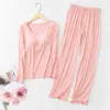 Modal Pajamas Set Casual Bra Pad Striped Sleepwear Suits Spring Autumn Long-Sleeved Home Clothing Ladies Pyjama Lingeries 210809