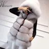Bahar Hoodies Sahte Kürk Yelek Kadın Moda Sıcak Ince Kolsuz Yelek Jile Büyük Boy 4XL Faux Palto 211018