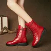 Hiver bottines femmes naturel en cuir véritable talon épais moto fermeture éclair bout rond chaussures dames automne rouge 40 210517