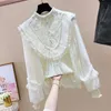Solid Wood Ear Lace Patchwork Nail Beaded Chiffon Full Stand Shirt Spring Top Women Blouses 210615