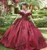 2021 Principessa Sexy Borgogna Quinceanera Ball Gown Abiti con paillettes Pizzo Sweetheart Off spalla Sweet 16 Satin Party Evening Prom Dress Corsetto Indietro Sweep Train